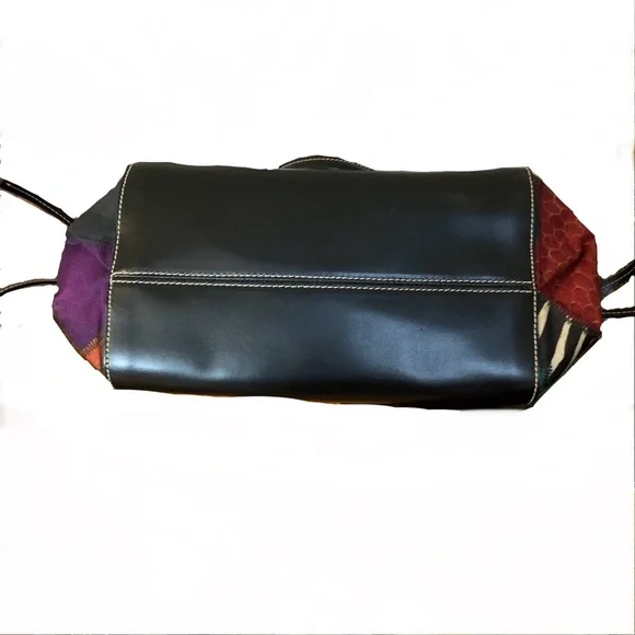 BRACCIALINI BLACK LEATHER SHOULDER BAG W/MULTI COLOR FABRIC SIDES - Picture 6 of 13